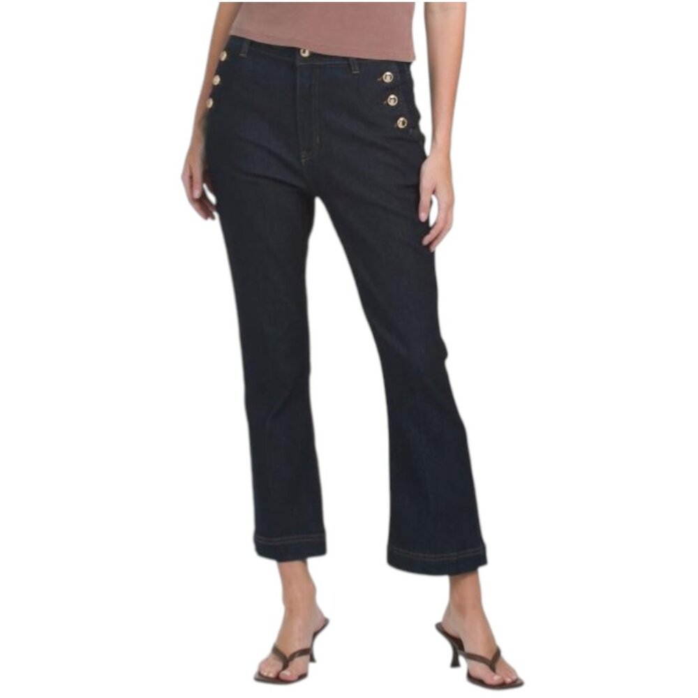 RACHEL ZOE High Rise Bootcut Cropped Jeans With Gold Tone Buttons